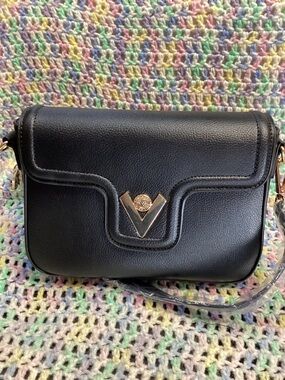 Valentino Orlandi Black Vegan Leather Crossbody with Gold V Accent